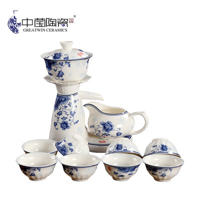 牡丹国韵映春茶 青花瓷半自动茶具CJ-065D商务礼品鉴赏